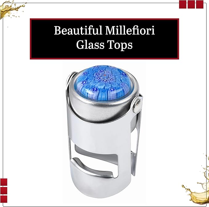 Millefiori Glass Champagne Stopper – With an Airtight Seal Protects Sparkling Wine, Prosecco, and Cava CO2 & Taste – Hanging Box for Champagne Gifts by Evan James Designs (Blue & Red)