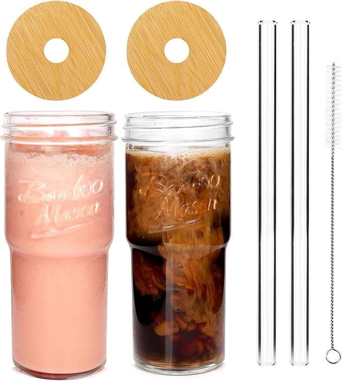 ANOTION Glass Cups with Lids and Straws 2 Packs, 24oz Travel Coffee Mug Wide Mouth Bamboo Mason Jar Iced Coffee Cup Smoothie Cup Glass Tumbler Tea Cup Clear Cute Water Cups Drinking Jars Glasses
