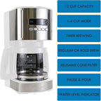Kenmore Drip Coffee Maker - 12 Cup Programmable Cafe Machine With Glass Pot, Regular & Bold Brew, Auto Shut Off Large Water Reservoir, Reusable Filter, Kitchen Appliances For Cafeteria Barista, White