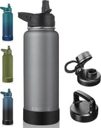 CIVAGO 40 oz Insulated Water Bottle With Straw, Stainless Steel Sports Water Flask Cup with 3 Lids (Straw, Spout and Handle Lid), Double Walled Travel Thermal Canteen Mug, Cool Gray