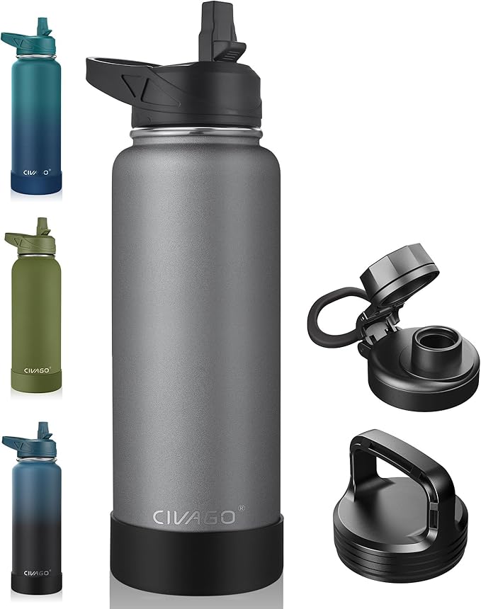 CIVAGO 40 oz Insulated Water Bottle With Straw, Stainless Steel Sports Water Flask Cup with 3 Lids (Straw, Spout and Handle Lid), Double Walled Travel Thermal Canteen Mug, Cool Gray