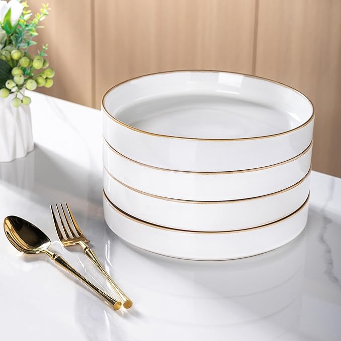 GBHOME 9'' Large Ceramic Pasta Bowls, 32oz Stoneware Pasta Serving Bowls Set of 4 for Kitchen, Wide Bowls for Fruit,Pasta,Salad,Oatmeal,Meal, Microwave Safe, Pearl White