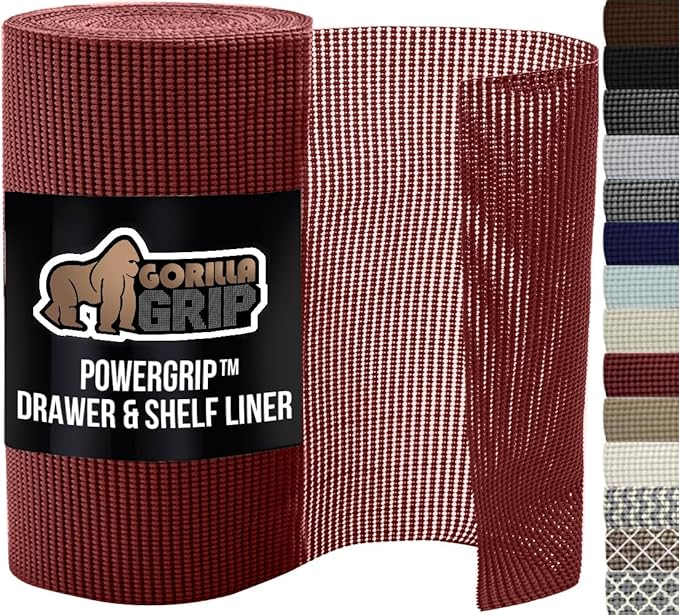 GORILLA GRIP powerGRIP Drawer Shelf and Cabinet Liner, Thick Strong Hold, Non-Adhesive Liners Protect Kitchen Cabinets and Cupboard, Bathroom Drawers, Easy Install, Breathable Mat, 12" x30', Red