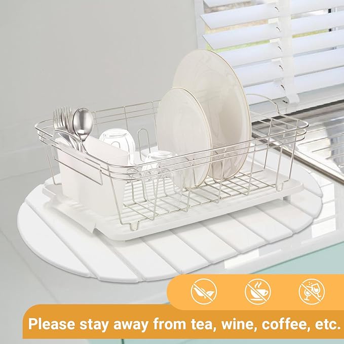 Large Stone Drying Mat, Diatomite Dish Drying Mat, Dish Mat Drying Kitchen Mat - Storable & Anti-Slip for Kitchen, Oval, White, 24"x16"