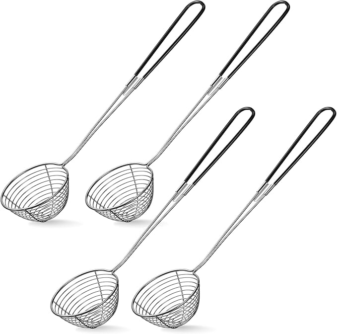 Geiserailie 4 Pieces 6 Pieces Hot Pot Kit Strainer Scoops Stainless Steel 2.5 Inch Mini Spider Strainer Skimmer Pasta Mesh Spoon Asian Skimmer Spoon Ladle with Handle for Home (Black)