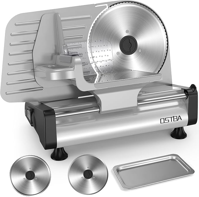 OSTBA Electric Meat Slicer with 200W DC Motor, 2 Removable 8.7” Stainless Steel Blades, Adjustable Thickness 0–15mm, Food Tray & Hand Grip, Deli Food Slicer for Meat, Cheese, Bread, Vegetables