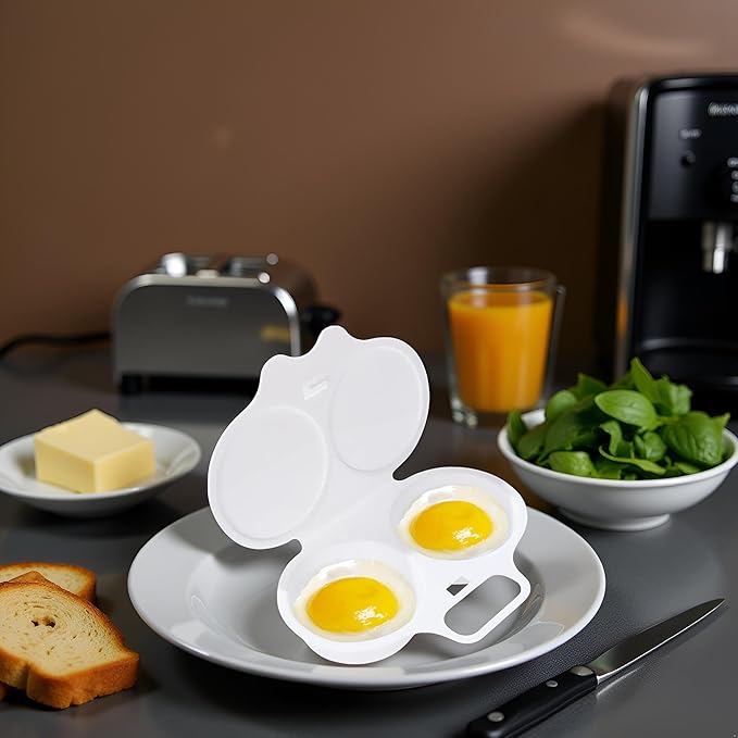 White Egg Poacher, Microwave Egg Boiler Poacher, 2 Cavity Nonstick Poached Egg Maker With Lid, Egg Poacher Microwave Egg Cooker, Double Drain Poached Egg Cups Cookware,Kitchen and Dining