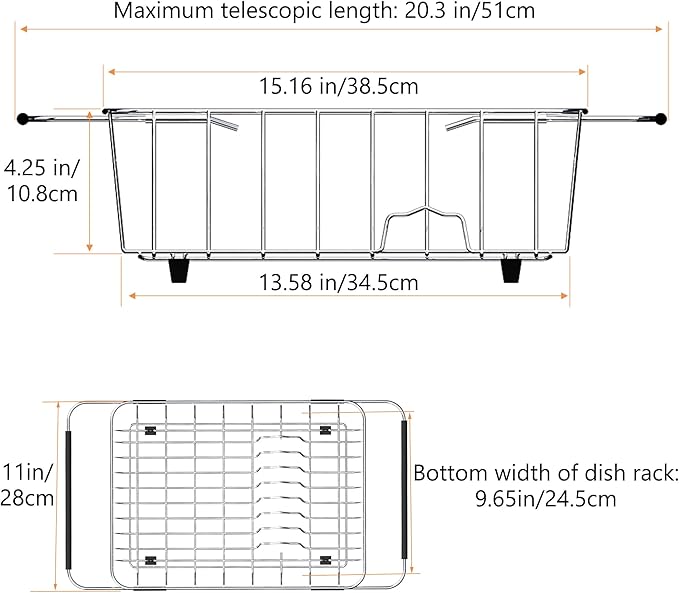 Stainless Steel Dish Drying Rack(15.2"L X 11"W X 5.3"H), Expandable Fruit & Vegetable Drain Rack over Sink, Dish Drainer Rack in Sink, with Stainless Steel Utensil Holder & Silicone Mat(16")