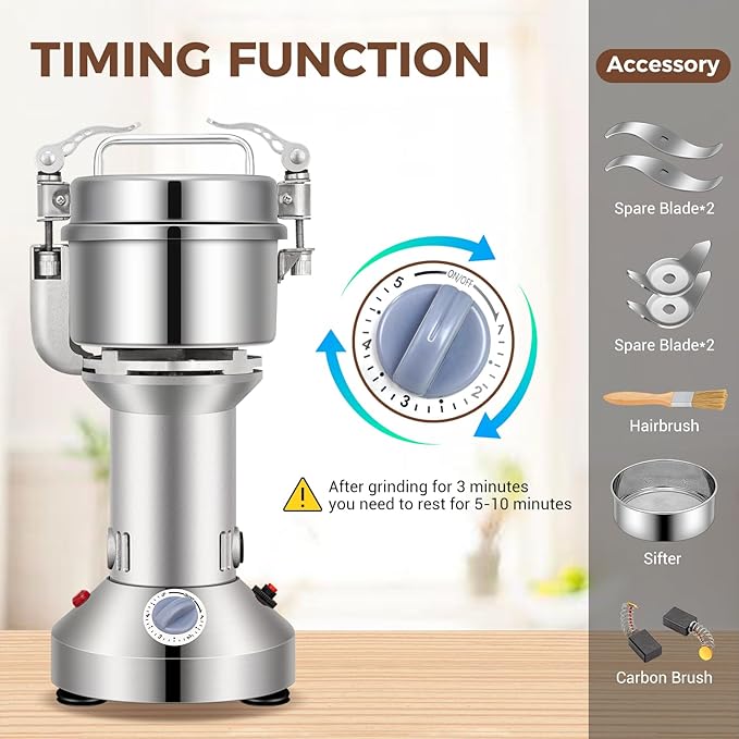 Grain Mill 300g Commercial Spice Grinder Electric 1200W Stainless Steel Pulverizer Dry Grinders for Grinding Wheat, Oats, Corn, Pepper, and Coffee Beans – Grinder for Kitchen.