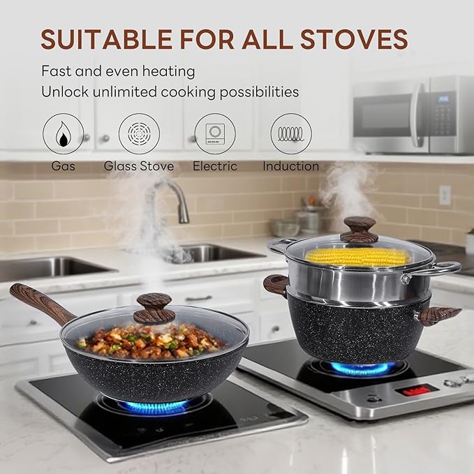 NEWBULIG Cookware Set, Nonstick & Non-Toxic Pots and Pans with Stay-Cool Handles, Induction Compatible, Black, 17 Pieces(6 Pot)