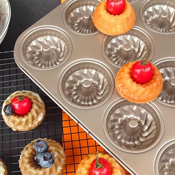 2 Pack Mini Bundt Cake Pan for Baking, 24-Cavity Mini Fluted Tube Cake Pans, Nonstick Carbon Steel Bundt Cake Mold for Baking