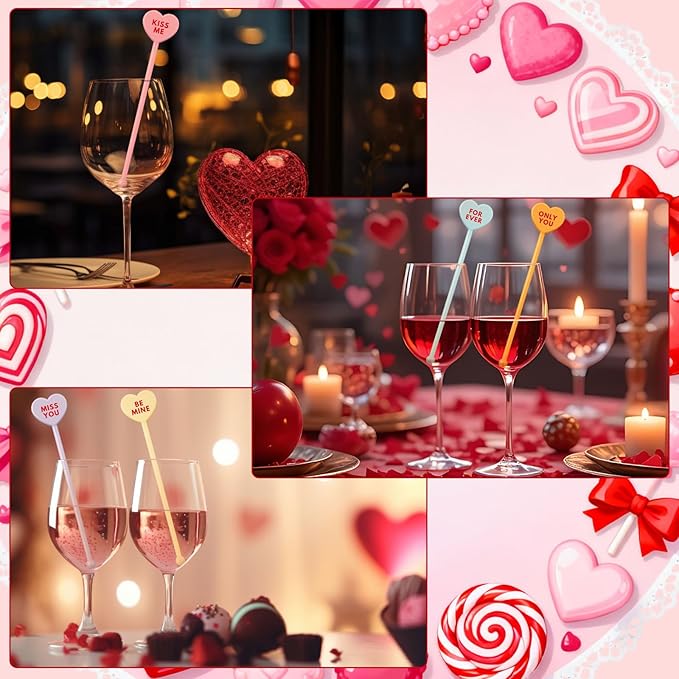 48 Pcs Valentine Conversation Candy Heart Drink Stirrers Reusable Plastic Cocktail Swizzle Sticks Wedding Cocktail Mixers for Bar Engagement Anniversary Valentine Party Supplies