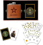 US Army Flask & Card Set | Leather-Wrapped Flask with Rank Playing Cards | Army Card & Flask Set