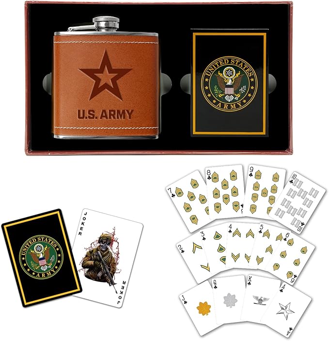 US Army Flask & Card Set | Leather-Wrapped Flask with Rank Playing Cards | Army Card & Flask Set