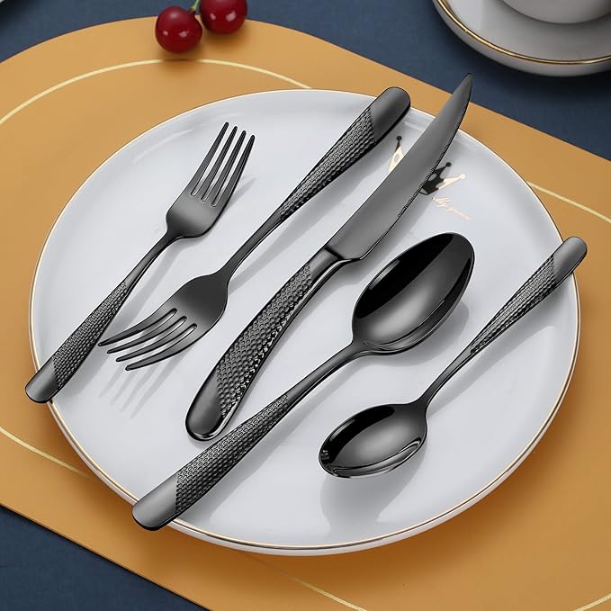 Lemeya 20-Piece Hammered Black Silverware Set for 4 with Serrated Forging Knives,18/10 Stainless Steel Modern Flatware Set,Unique Cutlery Set Spoons and Forks Set,Mirror Polished,Dishwasher Safe