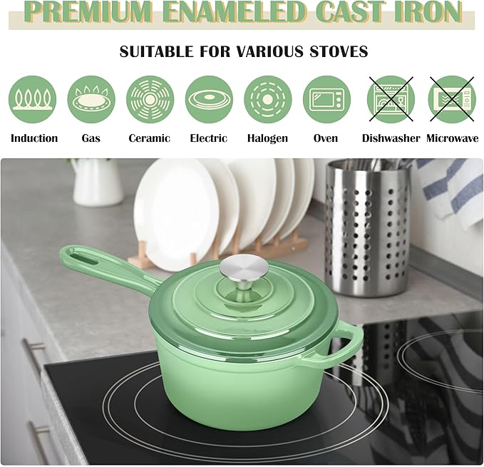 E-far Enameled Cast Iron Sauce Pan with Lid, 1 Quart Dutch Oven Saucepan, Mini Sauce Pot for Cooking, Boiling, Healthy & Non Toxic, Induction & Oven Safe, Pistachio Green