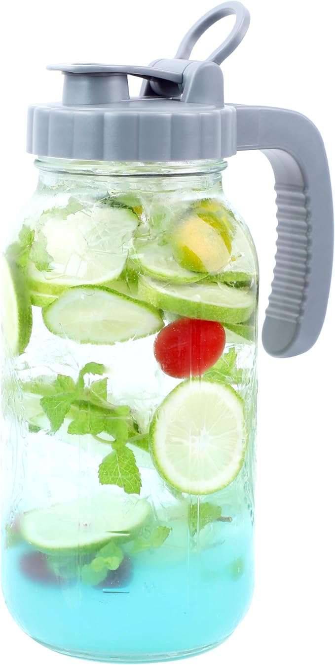 Mason Jar Pitcher 64 OZ Glass Pitcher With Pour Spout Lids Airtight Leak Proof 2 Quart Wide Mouth Water Pitcher With Handle And Flip Cap For Iced Tea, Milk, Sun Tea, Lemonade,Juice, Iced Coffee