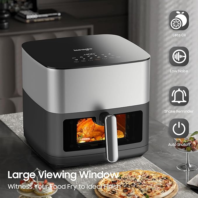 Iceagle Stainless Steel Air Fryer 9 Quart - Airfryer XXL with Large Viewing Window, Dual Heating Elements, 12-in-1 Function to Roast, Bake, Broil, Defrost, Reheat, Dishwasher-Safe Parts, 1700W, Siver