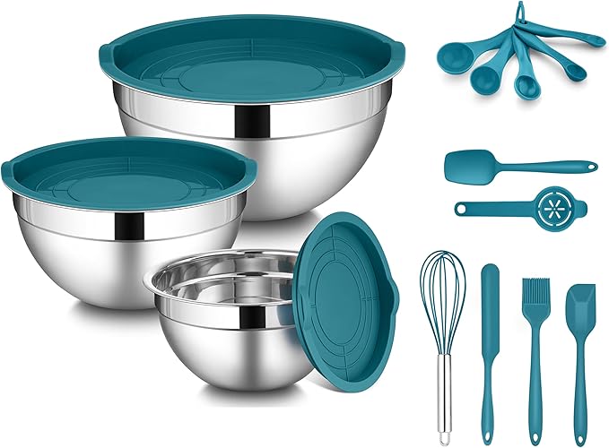 LIANYU Mixing Bowls with Airtight Lids, 14-Piece Stainless Steel Large Metal Nesting Bowl Set with Silicone Bottom, Size 4.6, 3, 1.5QT, Perfect for Baking Preparing and Cooking, Dark Blue