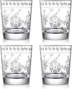 Joeyan Hand Blown Etched Drinking Glasses,Clear Water Glass Cups with Floral Pattern,Aesthetic Tumblers Glassware Set for Beverages Juice Cocktail Whiskey,9 oz,Set of 4,Dishwasher Safe