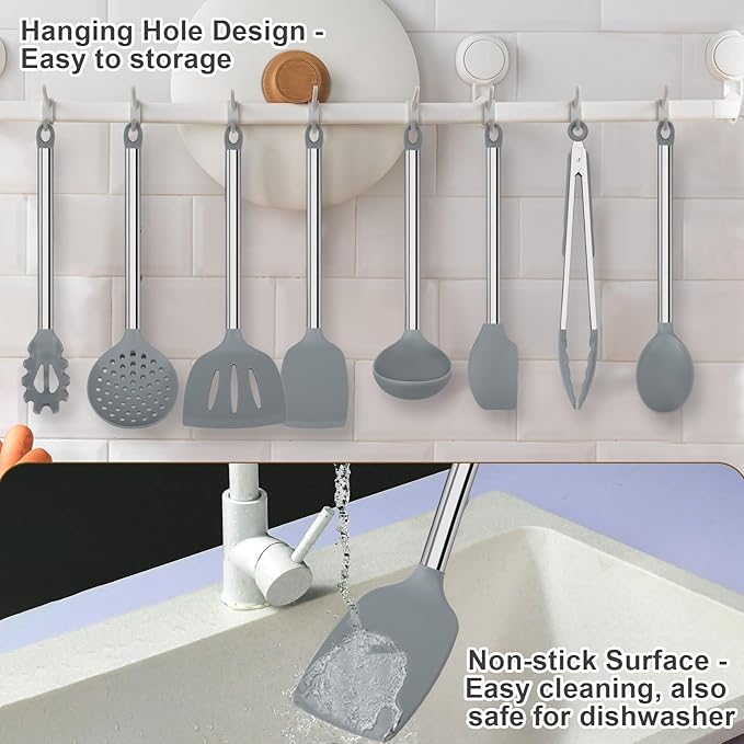 8 PCS Cooking Utensils Set, Vayvnt Silicone Kitchen Spatula Set for Cooking, Non Toxic Silicone Kitchen Utensils with Stainless Steel Long Handle, Spoon and Tong, Heat Resistant&Dishwasher Safe, Gray