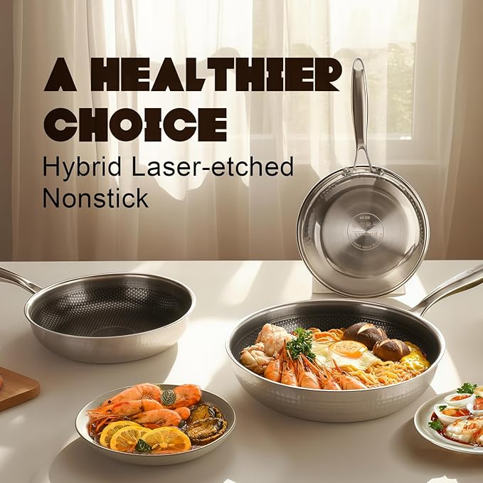 Hybrid 8 10 12 inch Stainless Steel Non Stick Skillet set,Frying Pans Nonstick, PFOA Free Cookware, Dishwasher and Oven Safe, Induction Compatible
