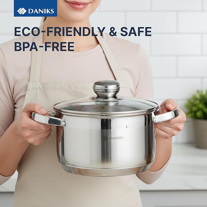 Daniks Standard Stainless Steel Stock Pot with Glass Lid – Induction 4 Quart, Dishwasher Safe, Measuring Scale, For Soup, Pasta, Stew, Silver