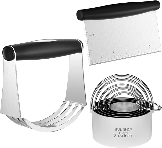 HULISEN Stainless Steel Biscuit Cutter Set, Pastry Scraper and Dough Blender, Sturdy & Long-Lasting with Ergonomic Rubber Grip, Professional Baking Dough Tools, Gift Package (3 Pcs/Set)