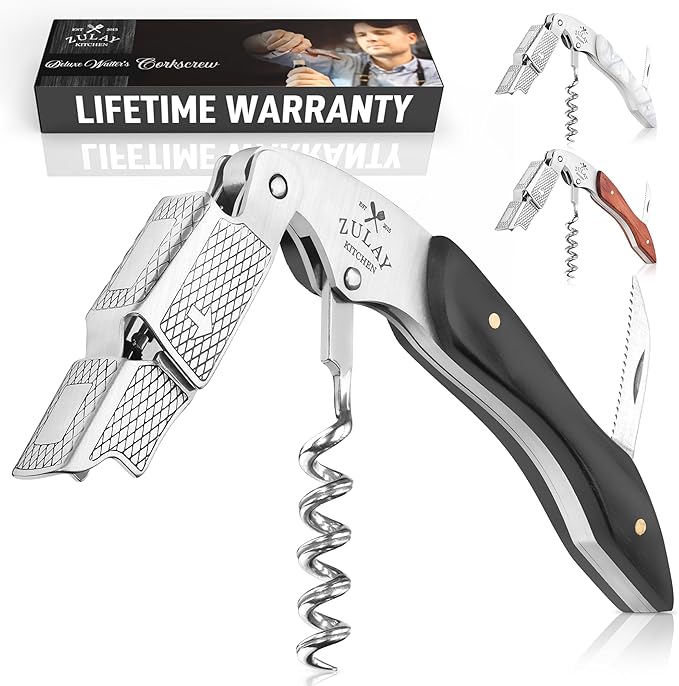 Zulay Kitchen Corkscrew Wine Opener - Premium 420 Stainless Steel & Ebony Wood Wine Bottle Opener - Double Hinged Opener with Foil Cutter & Cap Remover - Ebony Wood