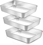 LIANYU Rectangle Baking Pan Set of 3, 12⅓ x 9¾ x 2 Inch Cake Lasagna Pan, Stainless Steel Toaster Oven Bakeware for Casseroles Brownies, Oven & Dishwasher Safe