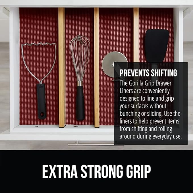 GORILLA GRIP powerGRIP Drawer Shelf and Cabinet Liner, Thick Strong Hold, Non-Adhesive Liners Protect Kitchen Cabinets and Cupboard, Bathroom Drawers, Easy Install, Breathable Mat, 12" x30', Red