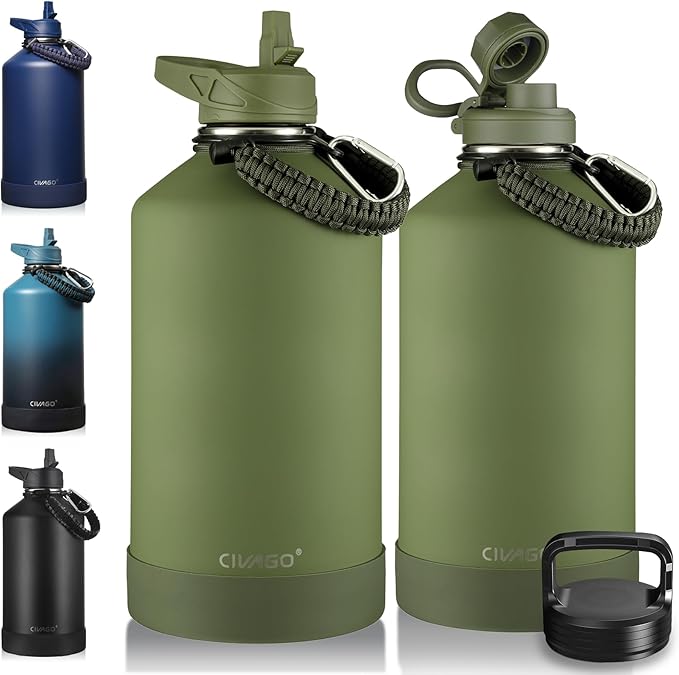 CIVAGO Gallon Insulated Water Bottle Jug with Straw, 128 oz Large Stainless Steel Water Flask, Big Metal Thermal Mug with 3 Lids for Sports, Travel, Gym, and Camping, Army Green