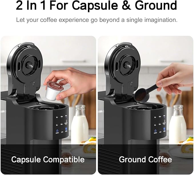Kndko Single Serve Coffee Maker for Capsule and Ground Coffee, 6 to 14oz Brew Sizes, 40oz Removable Reservoir, Fast Brew, Compact Design, Travel Mug Friendly, Black