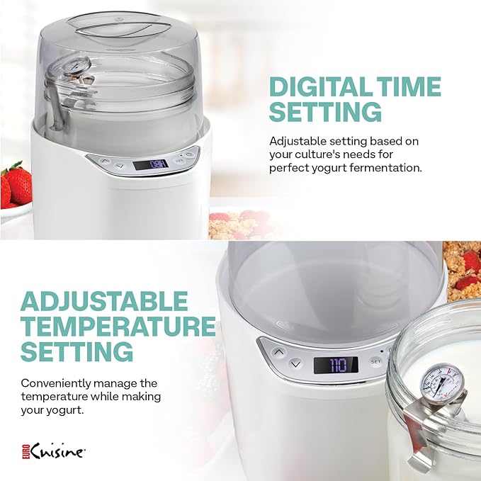 Euro Cuisine YM260 Yogurt Maker with Adjustable Time & Temperature Control, 2-Quart Glass Jar, Free Thermometer & Cotton Strainer Bag, 2025 Edition, White, Make Yummy Organic Probiotic Yogurt at Home