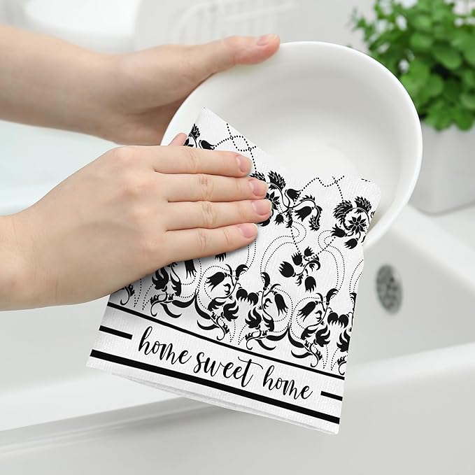 Black Kitchen Towels Decorative Set of 2, Absorbent Boho Floral Dish Towels for Kitchen Drying Cleaning, Cute Tea Towels Hand Towels for Kitchen Bar Bathroom Decor,Housewarming Gifts for Women