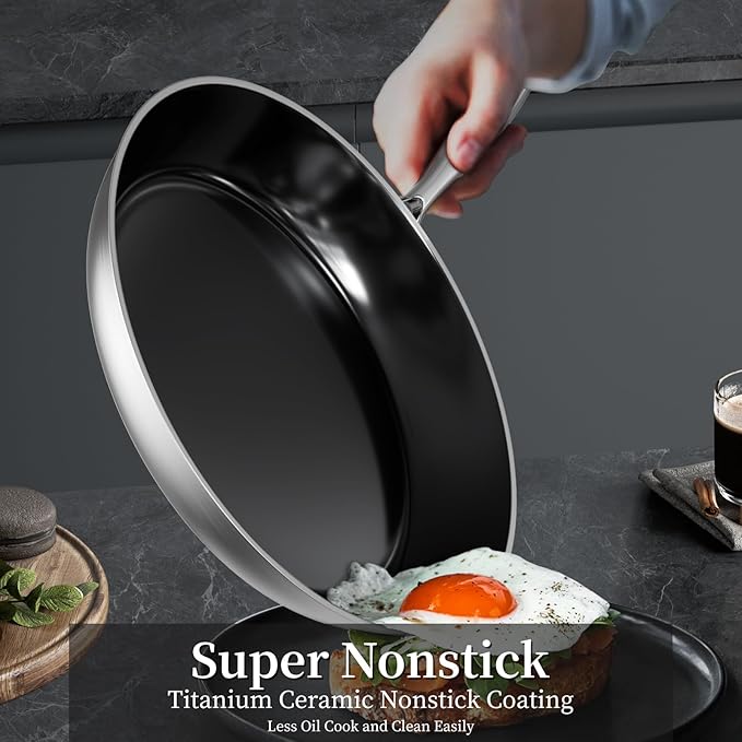 Stainless Steel Frying Pan with Lid 8.6 inch Titanium Ceramic Nonstick Frying Pan,Skillet with Stay-Cool Handle Non Toxic Healthy Ceramics Egg Pans,PFAS PFOA PTFE Free,Suitable for All Stove