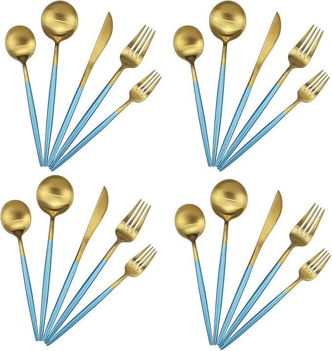 Gugrida 20-Piece 18/10 Stainless Steel Flatware Silverware, Luxury Dinnerware Set Travel Cutlery Tableware Include Knife Fork Spoon Service for 4, Dishwasher Safe (Blue Handle Matte Gold)
