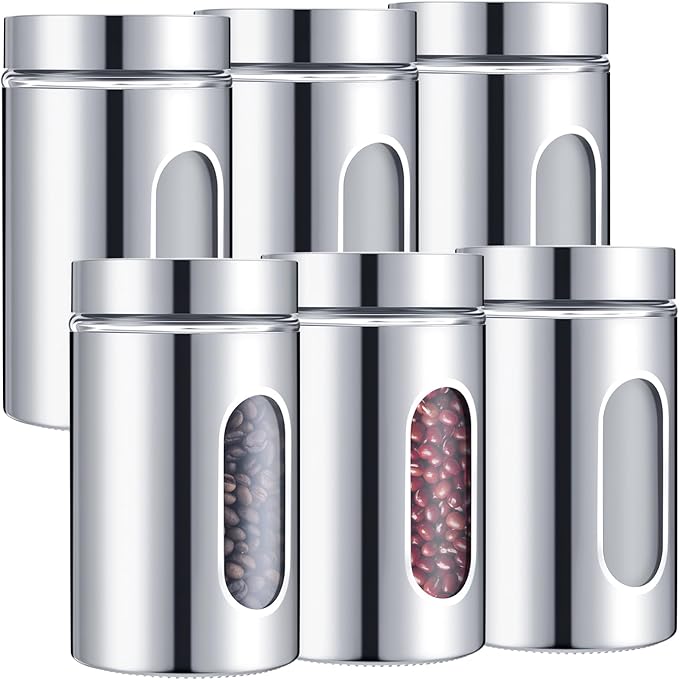 6 Pack Kitchen Canisters Set Airtight Coffee Sugar Tea Candy Storage Jars with Window Glass Stainless Steel Containers with Lids for Flour Cookies Spices Grains Kitchen Decorations(32 oz)
