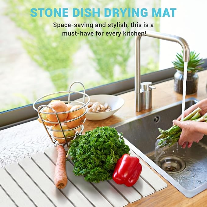 2Pack Stone Dish Drying Mats for Kitchen Counter, Quick Dry Absorbent Diatomite Sink Tray, Foldable Non Slip Dish Rack Mat for Dishes Cups, Perfect for Kitchen Bathroom White (23"x15.3" & 8.2"x4")