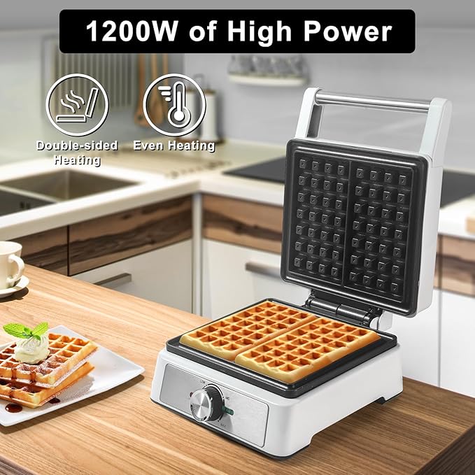 Waffles Maker 2 Slices, Large Square Belgian Waffle Maker, Anti-Overflow Waffle Iron Non-stick Plate, Thick Breakfast Waffle Machine Make Waffles in Minutes, Adjustable Temperature, 1200W