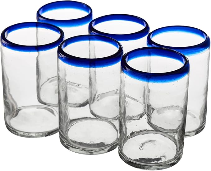 Corazón Bonito Handblown Mexican Glasses Set of 6, Blue Cobalt Rim Drinking Glasses, Artisan Crafted Glassware (17 oz each)