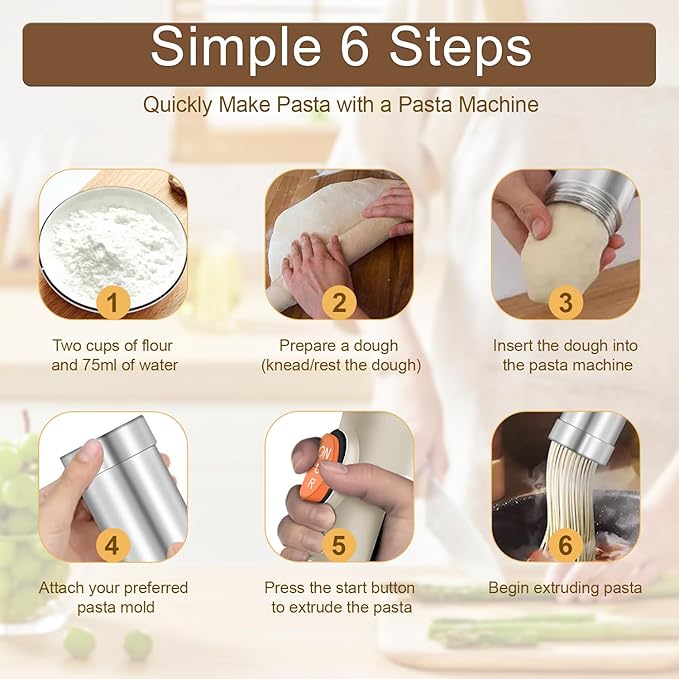 Handheld Electric Pasta Maker 5-in-1 Cordless Pasta Maker Machine Automatic Noodle Press Machine for Homemade Spaghetti, Portable Noodle Maker with Dough Cutter, Quick and Easy to Clean