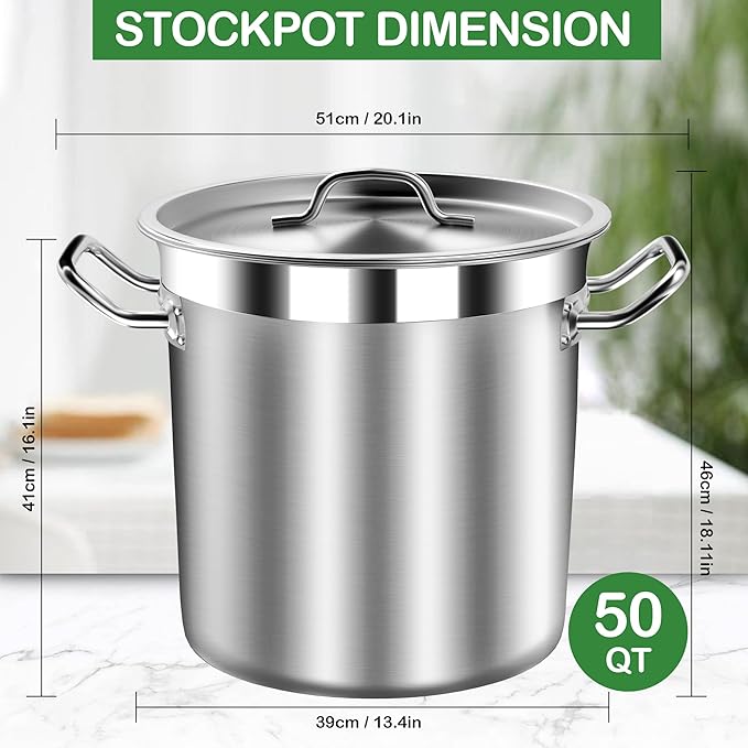 50 Quart Stainless Steel Stock Pot with Lid – Heavy Duty Cooking Pot for Soup, Commercial Soup Pots, 3-Ply Induction Bottom, Oven Safe