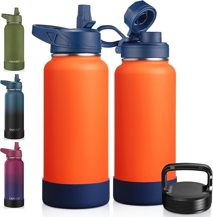 CIVAGO 32 oz Insulated Water Bottle With Straw, Stainless Steel Sports Water Cup Flask with 3 Lids (Straw, Spout and Handle Lid), Wide Mouth Travel Thermal Mug, Tigerlily