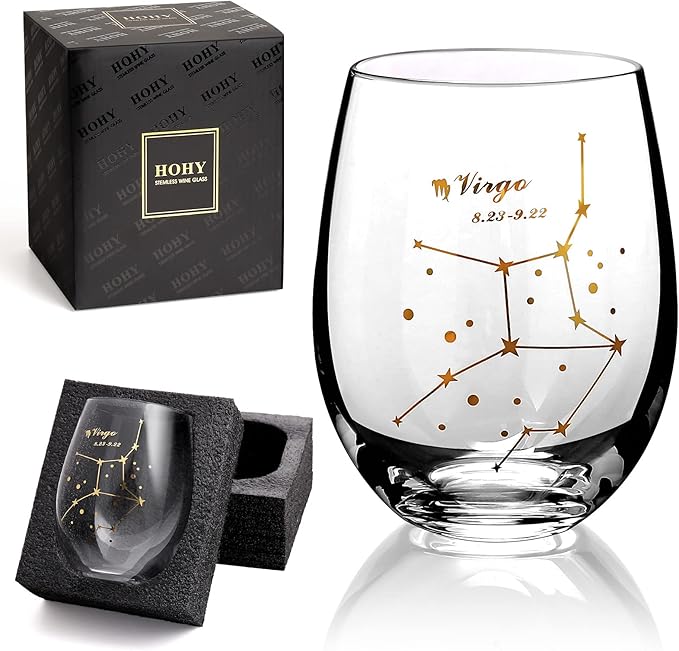 HOHY Virgo Wine Glass Virgo Birthday Gifts 20oz, Virgo Stemless Wine Glasses, Aastrology Zodiac Gifts Constellation Glass Define Design, Horoscope Gift, September Birthday Gifts for Women Men
