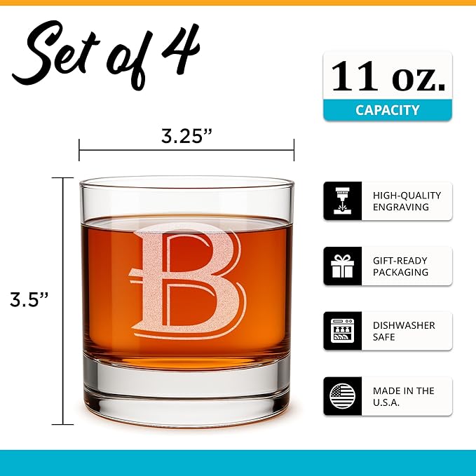 On The Rox Drinks 4 Piece Glass Set Engraved with B-Monogram, 11-Ounce