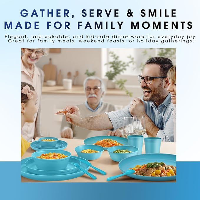 Plastic Dinnerware Sets – 40-Piece Blue Plates and Bowls Sets, Unbreakable, Reusable Dishes Set for 8 with Cups, Knives, Forks and Spoons, for Camping and Outdoor Use
