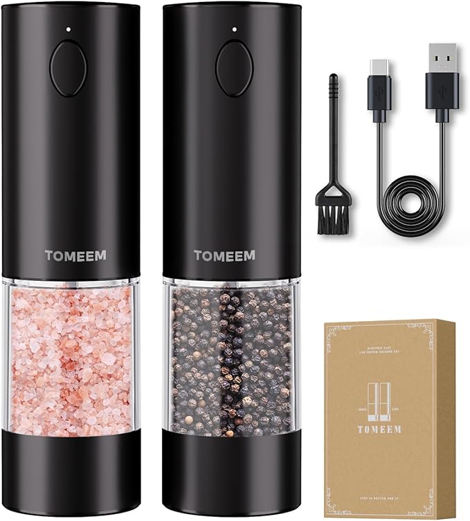 TOMEEM Upgraded Larger Capacity Electric Salt and Pepper Grinder Set Rechargeable with LED lights, Stainless Steel Automatic Pepper and Salt Grinder Refillable with 5 Adjustable Coarseness Black