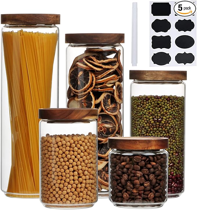 Glass Canisters With Wooden Lids Kitchen Jars for Storage,Tea,Sugar and Coffee Container Set,Set of 5 Canisters for Candy, Cookie, Rice and Spice Jars