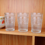 6pcs Vintage Drinking Glasses Set, 12 oz Clear Highball Glasses, Embossed Ribbed Glassware Cups for Cocktail, Water, Juice, Coffee, Whiskey